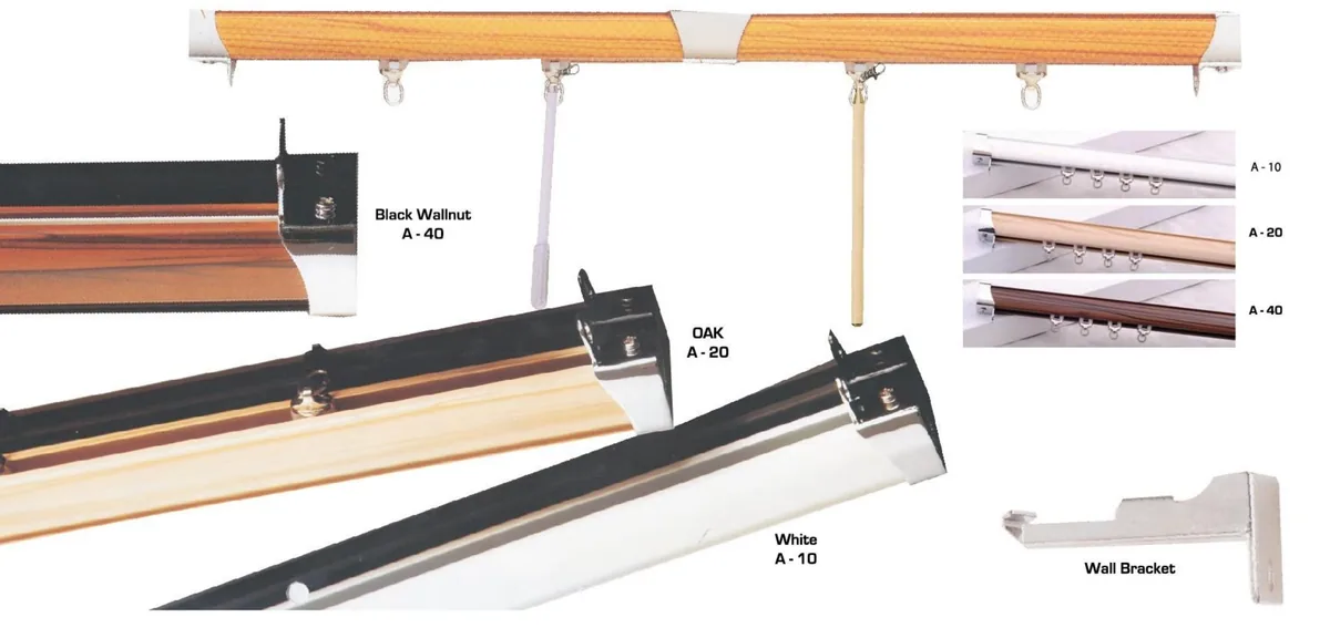 Aluminium curtain tracks in white, oak and walnut finish with brackets