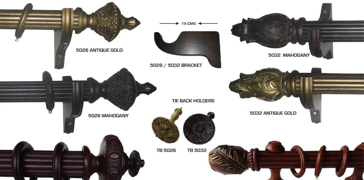 50mm antique wooden curtain poles with carved finials