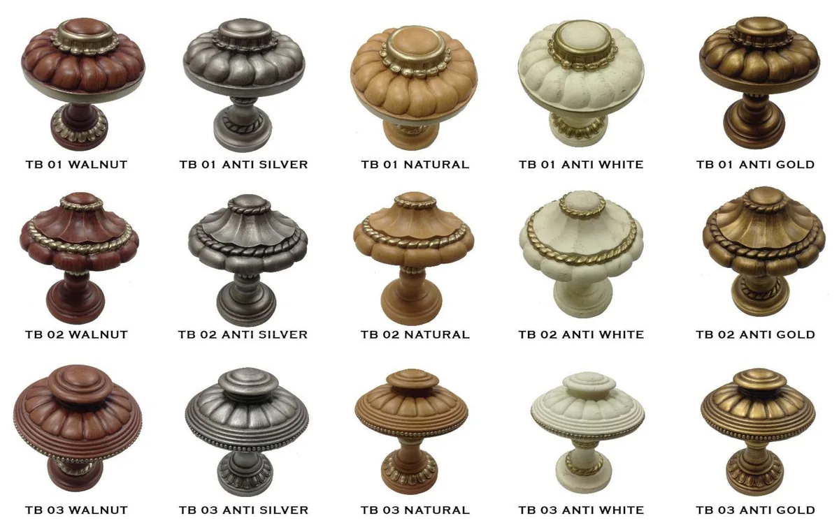 Classic tie-back knobs in walnut, silver, natural, white and gold