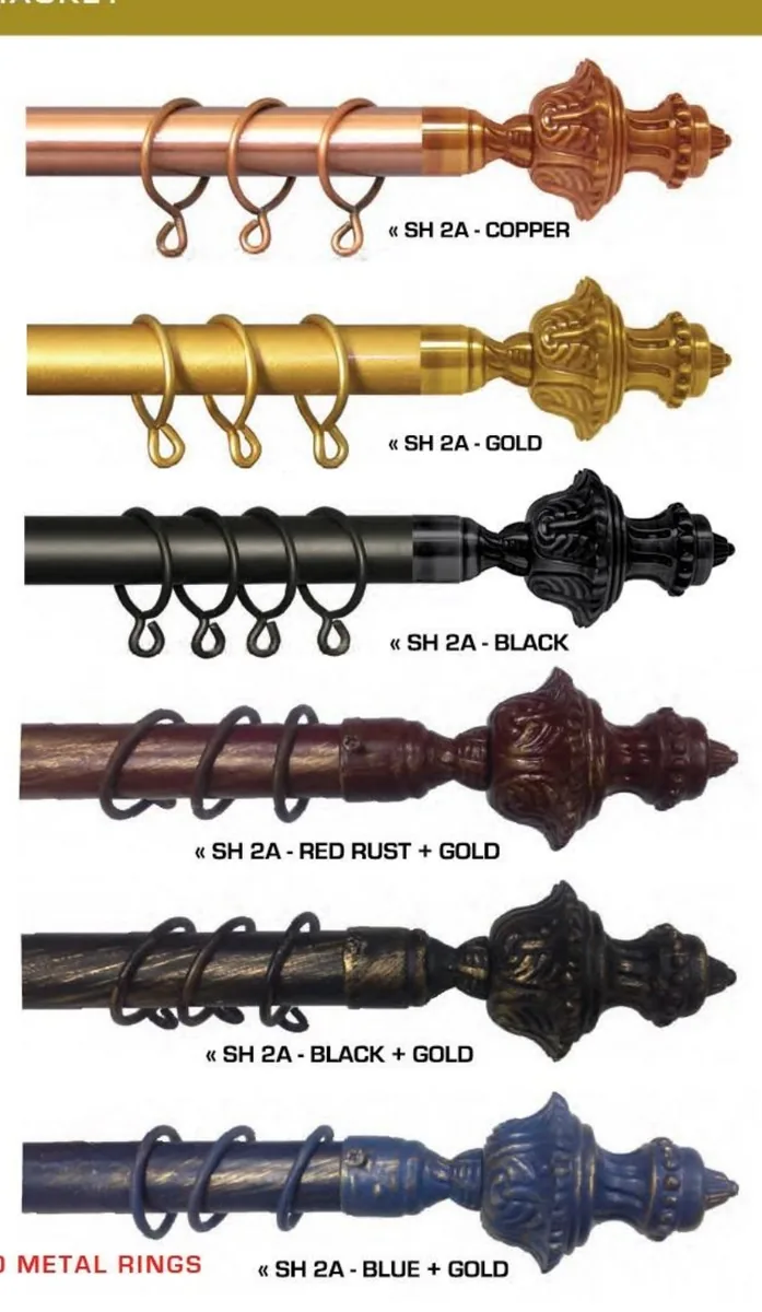 Decorative metal curtain rods with ornate finials in copper, gold and black