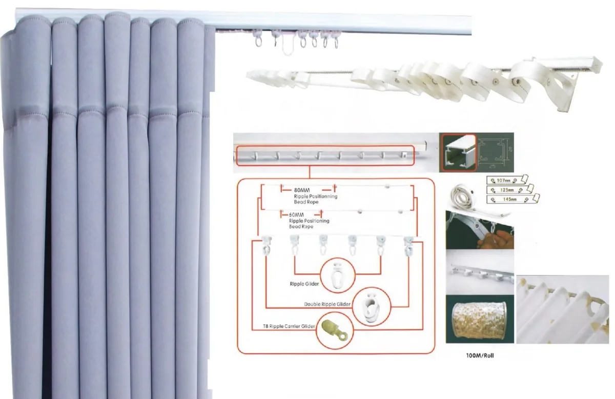 Ripple fold wave curtain track with gliders and tape