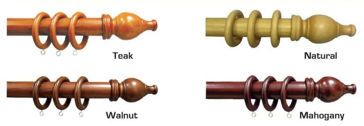 35mm wooden curtain rods in teak, natural, walnut and mahogany